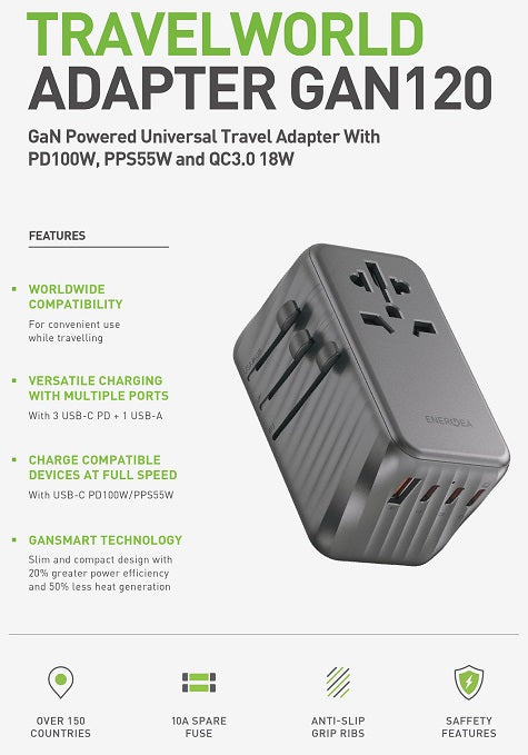 ENERGEA TRAVELWORLD ADAPTER GAN120, 1A3C 120W - GUNMETAL