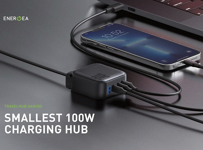 ENERGEA TRAVELHUB GAN100، 3C1A PD/USB/USB3.0 شاحن سطح المكتب والجدار، 100 واط (الولايات المتحدة + الاتحاد الأوروبي + CUK) - أسود