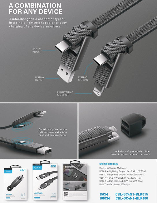 BAZIC GOCHARGE ALUCABLE, 4 IN 1 ALUMINIUM CHARGING CABLE WITH USB A/C INPUT AND USB C/LIGHTNING OUTPUT. PD FAST CHARGE 1M - BLACK