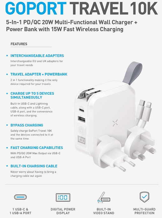 BAZIC GOPORT TRAVEL 10K, 10000MAH UNIVERSAL WALL CHARGER WITH BUILT-IN CABLE - WHITE