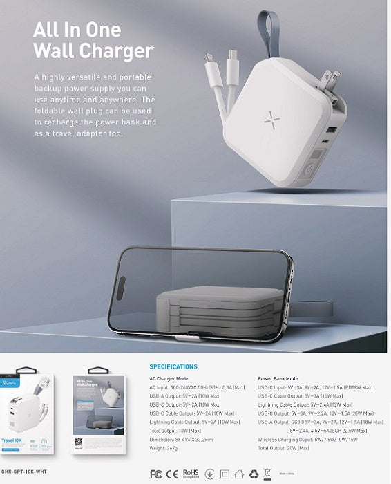 BAZIC GOPORT TRAVEL 10K, 10000MAH UNIVERSAL WALL CHARGER WITH BUILT-IN CABLE - WHITE