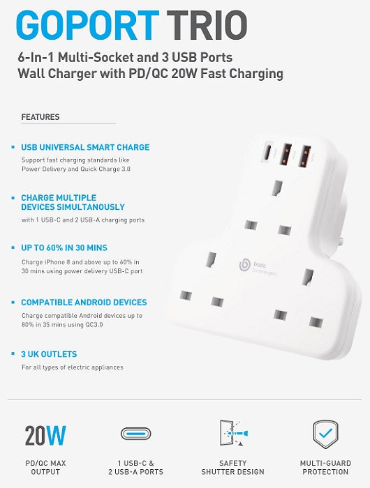 BAZIC GOPORT TRIO, EXTENSION WALL CHARGER WITH BUILT-IN USB OUTPUT - WHITE