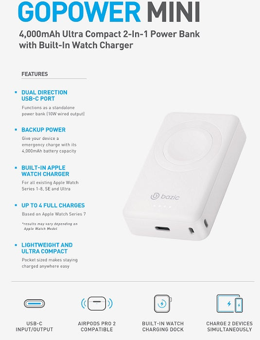 BAZIC GOPOWER MINI, 4000MAH PORTABLE APPLE WATCH CHARGER - WHITE