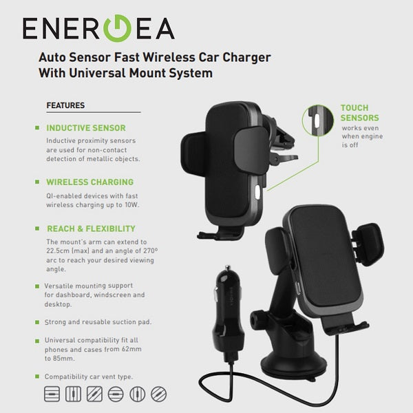 ENERGEA WIMOUNT SENSE 2.0 ALL-IN-1 DASHBOARD/ WINDSCREEN/ AIRVENT MOUNT WITH WIRELESS CAR CHARGER - BLACK