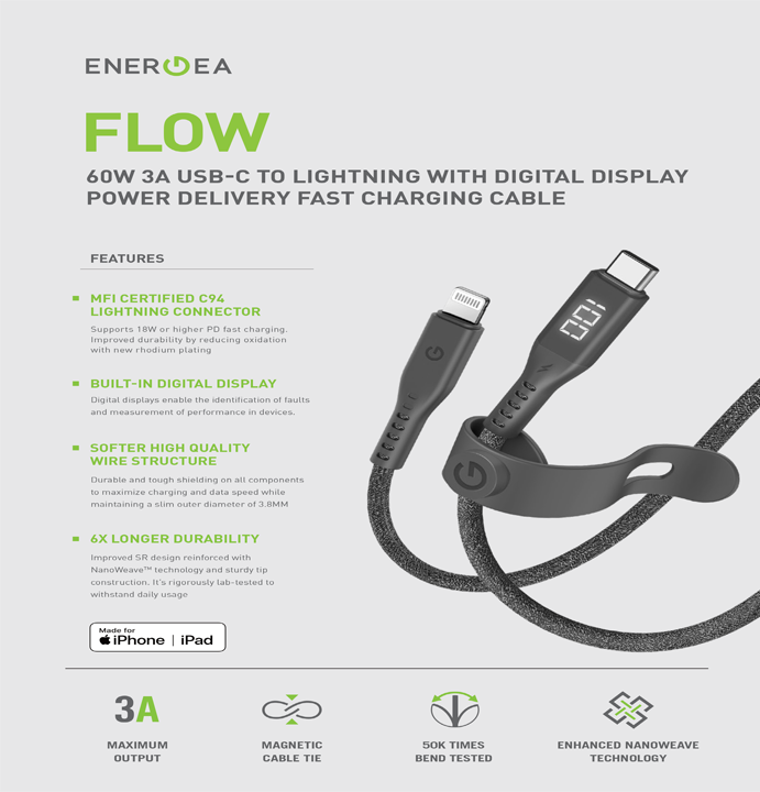 ENERGEA FLOW C-L MFI DISPLAY CABLE WITH MCT 1.5M - BLACK