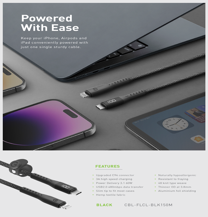 ENERGEA FLOW C-L MFI DISPLAY CABLE WITH MCT 1.5M - BLACK