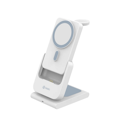 White wireless charging base with round watch pad on angled stand