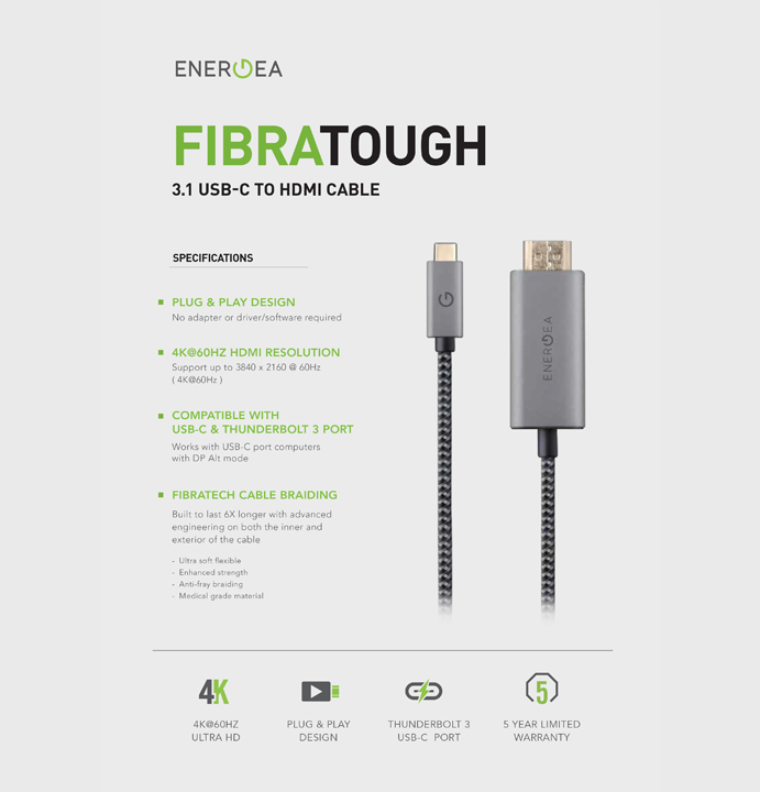 ENERGEA FIBRATOUGH, USB-C TO HDMI CABLE 4K@60HZ 2M - BLACK