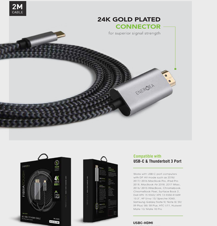 ENERGEA FIBRATOUGH, USB-C TO HDMI CABLE 4K@60HZ 2M - BLACK