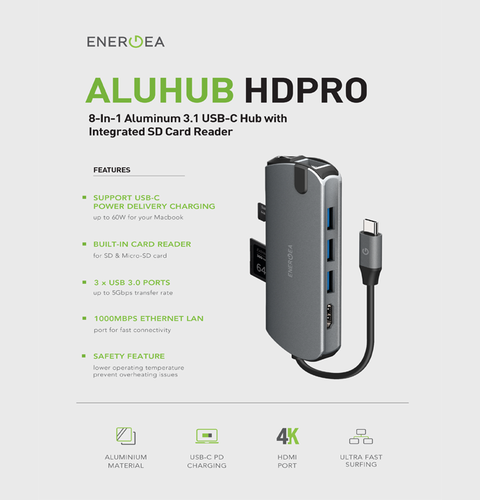 ENERGEA ALUHUB HD PRO, 8 IN 1 SUPERSPEED ALUMINIUM 3.1 USB-C HUB - GUNMETAL