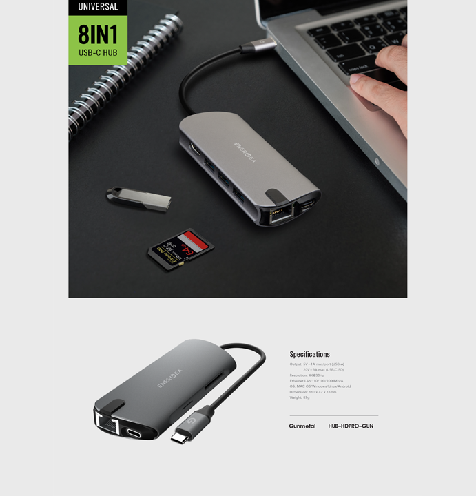 ENERGEA ALUHUB HD PRO, 8 IN 1 SUPERSPEED ALUMINIUM 3.1 USB-C HUB - GUNMETAL