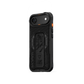 Rugged black iPhone 17 Air case with camera cutout, grip stand panel, orange accents