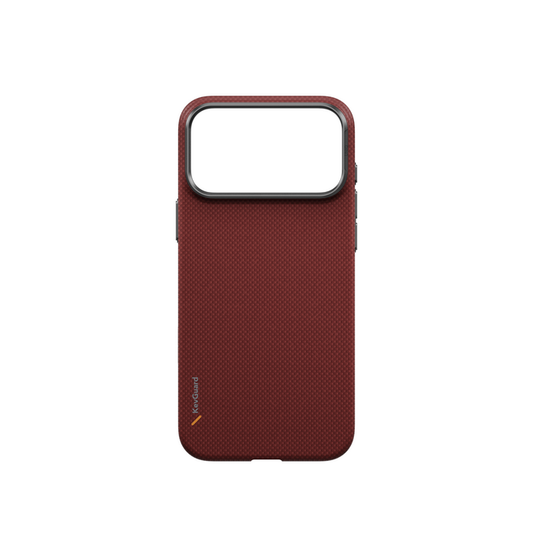Ember-red iPhone case with raised screen lip and top camera cutout, textured back