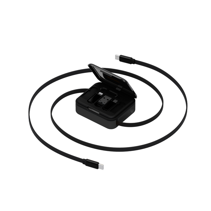 BAZIC GOCHARGE LOOP, 5 IN 1 CABLE KIT WITH SWAPPABLE USB A & LIGHTING ADAPTERS, 1M RETRACTABLE CABLE - BLACK