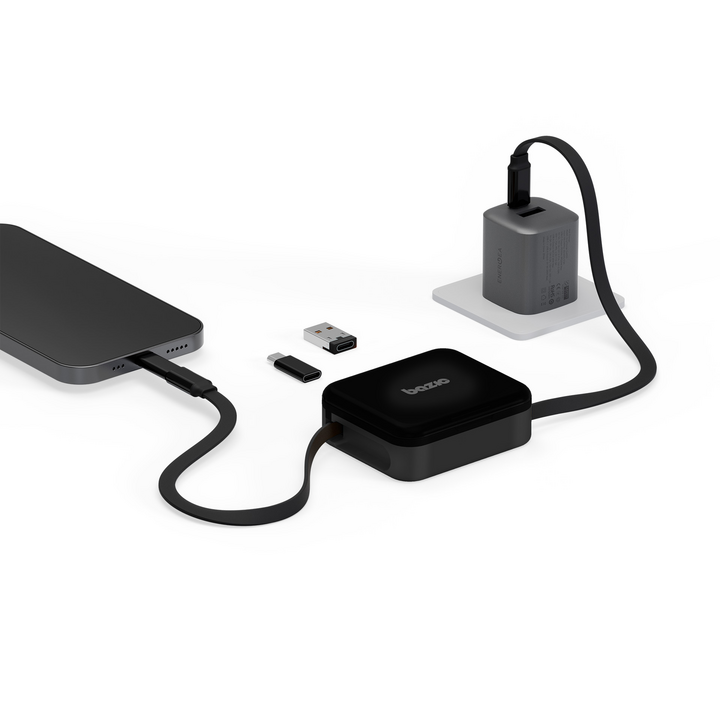 BAZIC GOCHARGE LOOP, 5 IN 1 CABLE KIT WITH SWAPPABLE USB A & LIGHTING ADAPTERS, 1M RETRACTABLE CABLE - BLACK