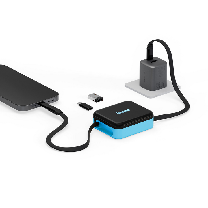 BAZIC GOCHARGE LOOP, 5 IN 1 CABLE KIT WITH SWAPPABLE USB A & LIGHTING ADAPTERS, 1M RETRACTABLE CABLE - BLUE