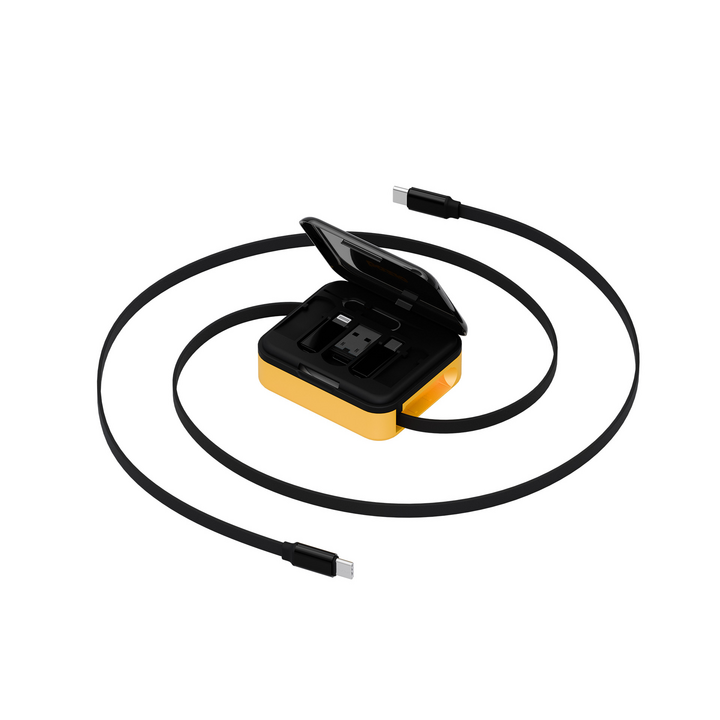 BAZIC GOCHARGE LOOP, 5 IN 1 CABLE KIT WITH SWAPPABLE USB A & LIGHTING ADAPTERS, 1M RETRACTABLE CABLE - YELLOW