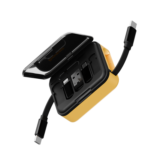 BAZIC GOCHARGE LOOP, 5 IN 1 CABLE KIT WITH SWAPPABLE USB A & LIGHTING ADAPTERS, 1M RETRACTABLE CABLE - YELLOW