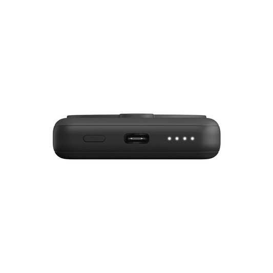 Black slim Magsafe power bank with USB-C port and 4 LED battery indicators