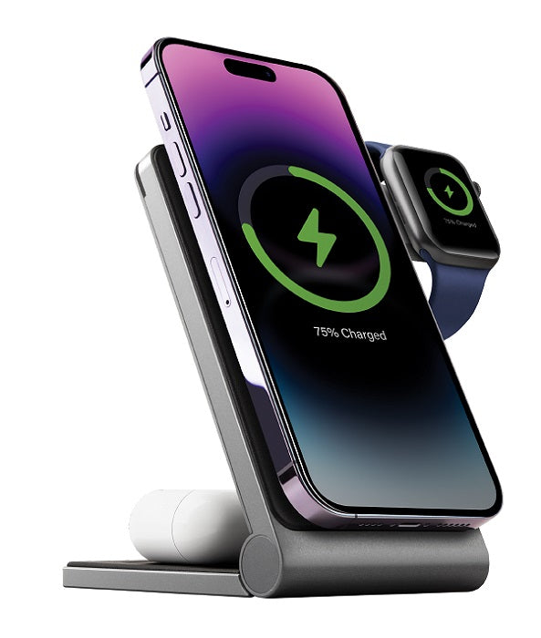 ENERGEA MAGTRIO, 3IN1 FOLDABLE MAGNETIC FAST WIRELESS CHARGER - GUNMETAL