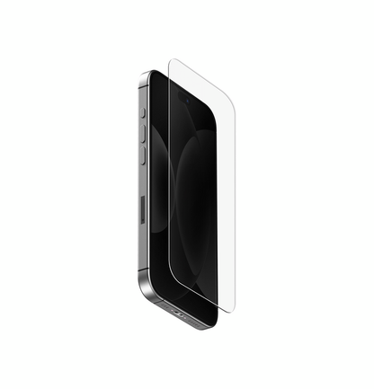 Clear tempered glass screen protector for iPhone 18 Pro, side-on fit