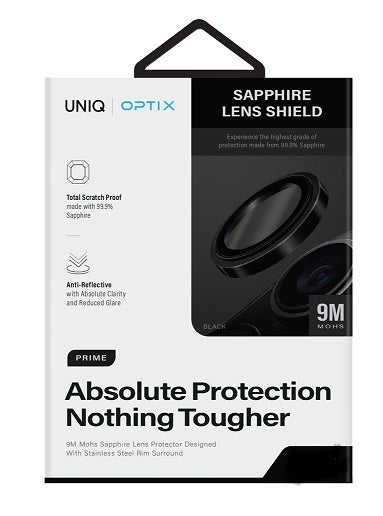 UNIQ OPTIX IPHONE 15 PRO/15 PRO MAX  STAINLESS STEEL FRAME SAPPHIRE CAMERA LENS PROTECTOR - GUNMETAL BLACK (BLACK)