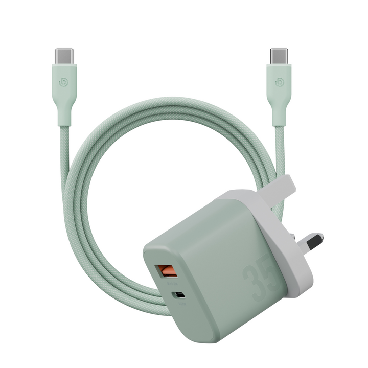BAZIC GOPORT VELOX KIT, 1C1A GAN CHARGER 35W(UK) WITH WEAVE CABLE-GREEN