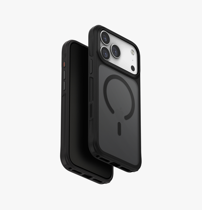 Hybrid MagClick charging case for iPhone 17 Pro Max, dark gray angled view with camera openings