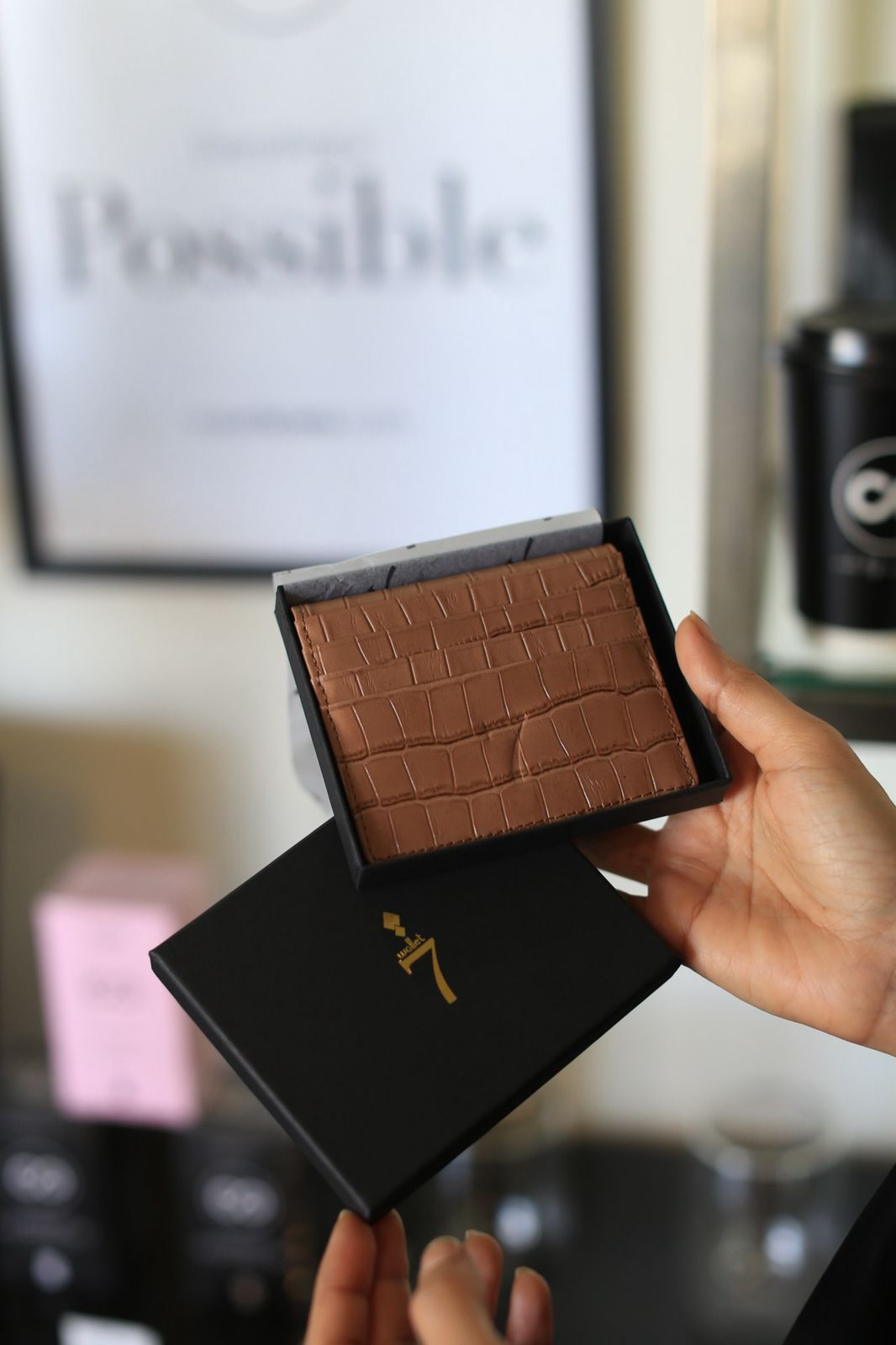 7 WALLET CROAC LEATHER CARD WALLET - BROWN