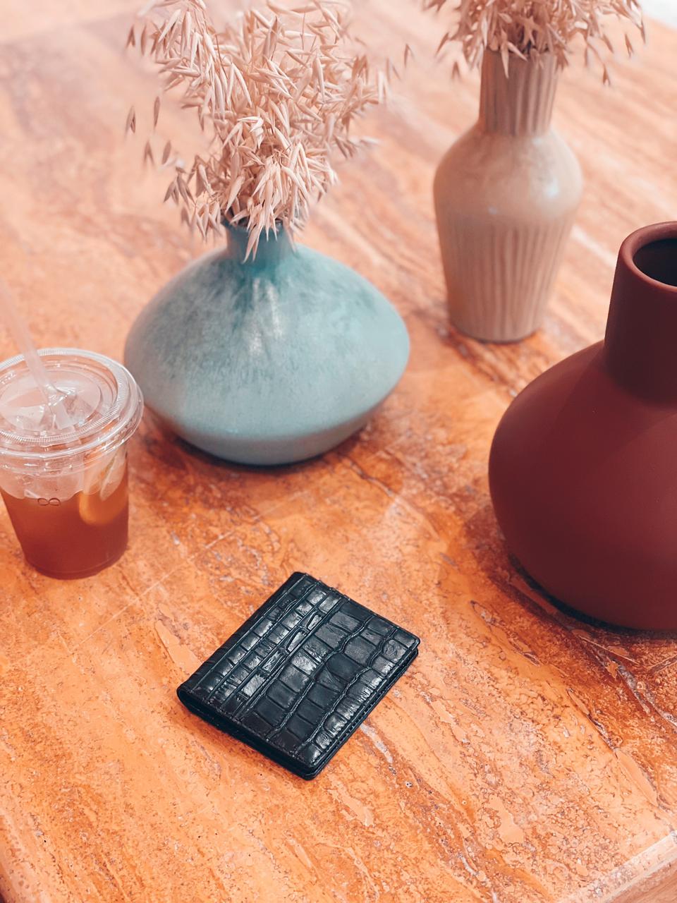 7 WALLET CROAC LEATHER CARD WALLET - BLACK