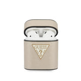 Guess AirPods Case for Airpods 1/2 PU Leather Beige Triangle Collection Saffiano Round Shape With Metal Logo
