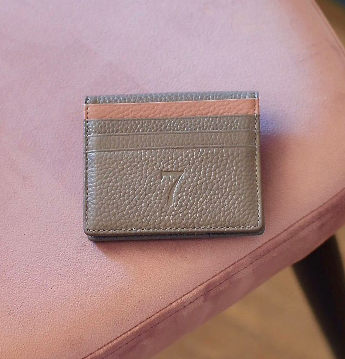7 WALLET GRAIN TEXTURE LEATHER CARD WALLET - GREY/BROWN