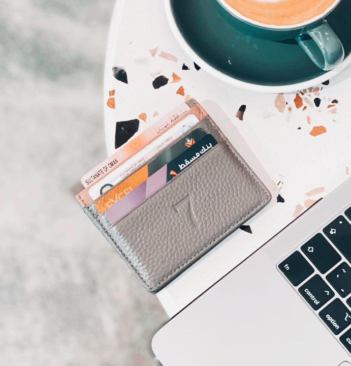 7 WALLET GRAIN TEXTURE LEATHER CARD WALLET - GREY/BROWN